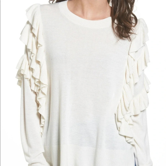 BP Nordstrom Ruffle Pullover Sweater Long Sleeve S Blouse Ivory White Knit Cozy - Picture 1 of 5